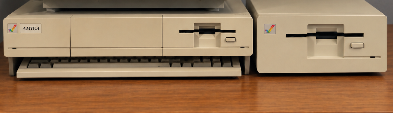 Commodore Amiga 1000 mit eingeschobener Tastatur und externem A1010 Diskettenlaufwerk