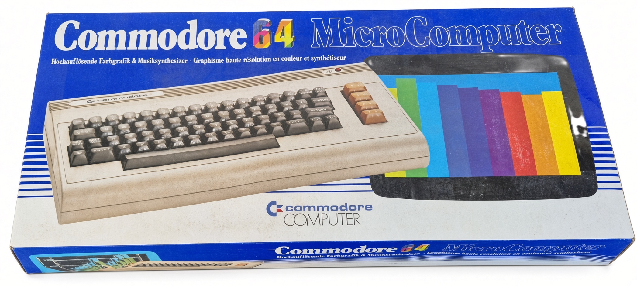 Erhaltener Commodore-64-Originalkarton mit Commodore 64 MicroComputer und französischer Beschriftung