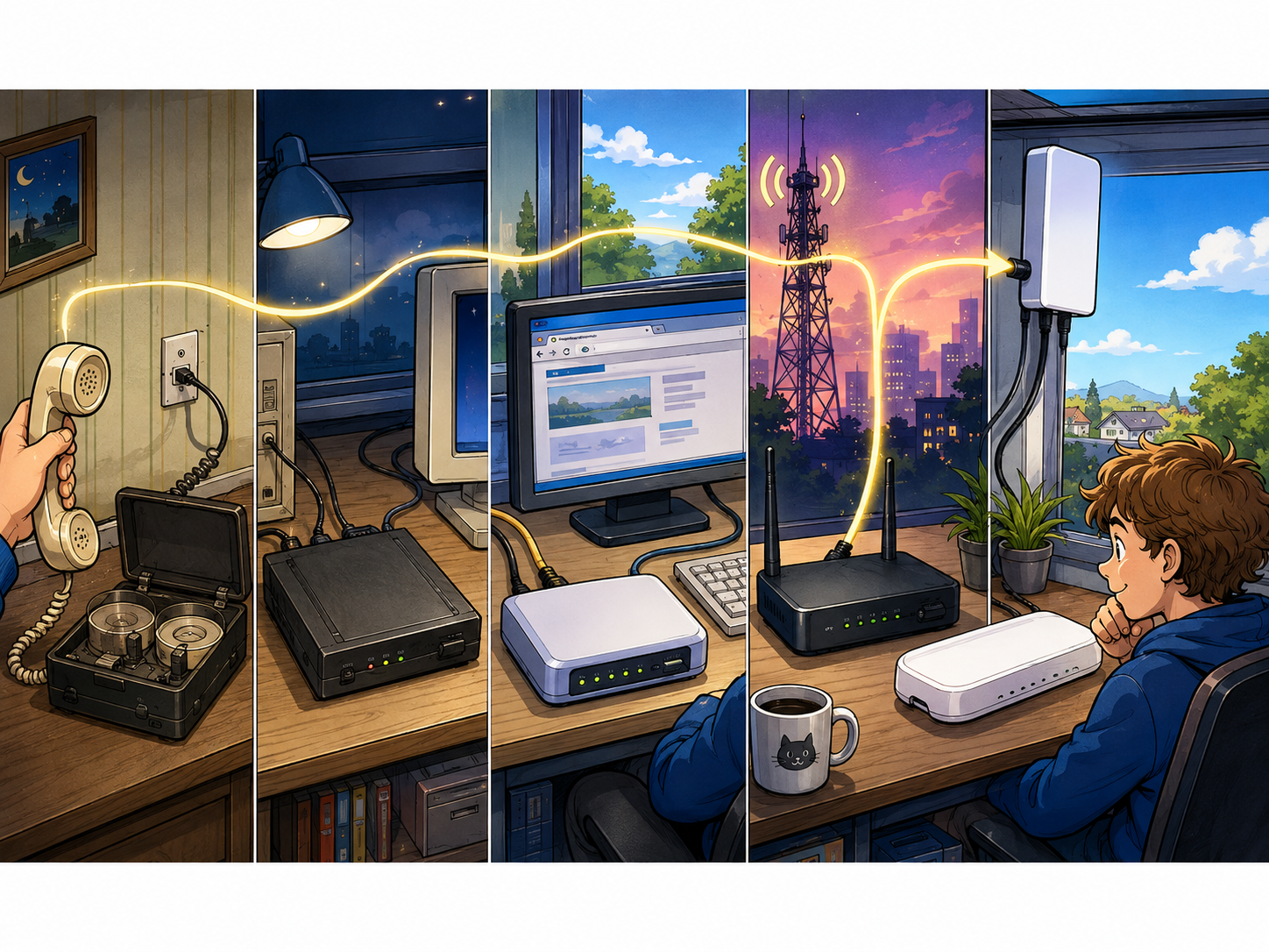 KI-generierte Comicillustration zur Entwicklung des Heim-Internets von analoger Telefonverbindung über DSL und Router bis zu Hybrid und 5G