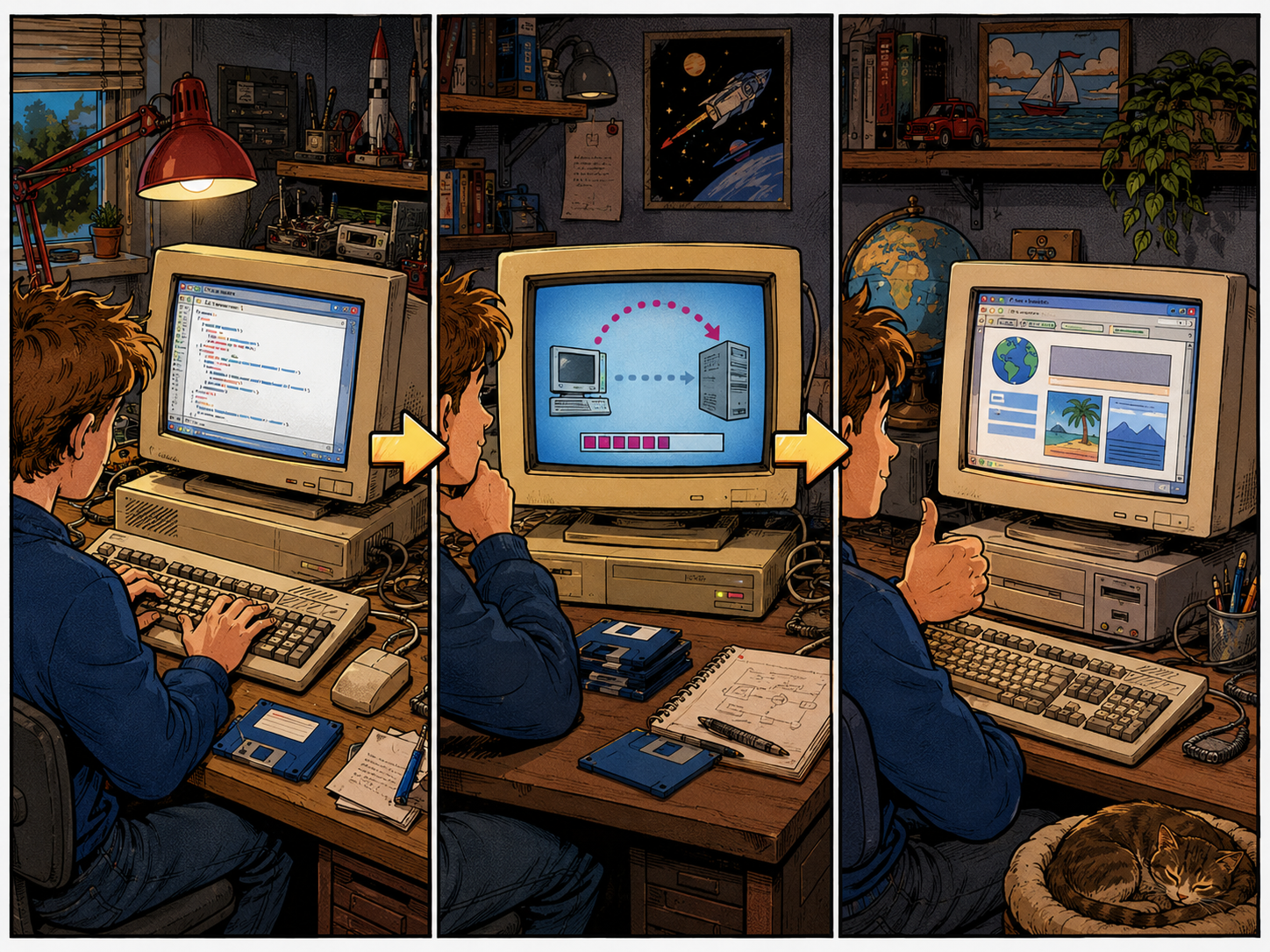 KI-generierte Comicillustration des Web-Workflows 1995: HTML schreiben, per FTP übertragen und im Browser kontrollieren