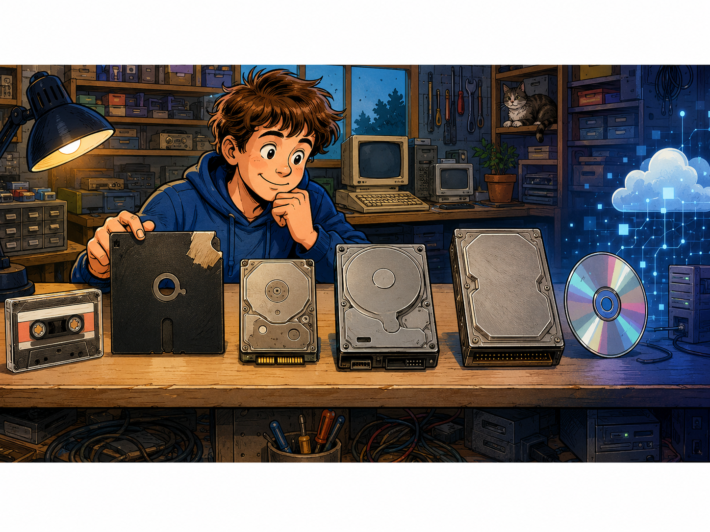 KI-generierte Comicillustration zur Entwicklung von Kassette, Diskette, Festplatte, CD-ROM und späterer netzbasierter Speicherung