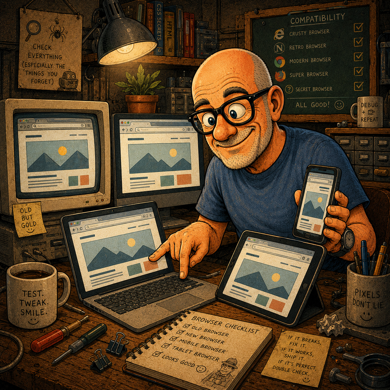 Comicillustration eines Tüftlers beim Testen derselben Webseite auf mehreren Computern, einem Tablet und einem Smartphone