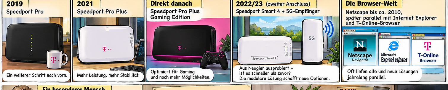 KI-generierte Comicillustration mit Speedport Pro, Pro Plus, Gaming Edition, Smart 4 mit 5G-Empfänger und parallel genutzten Browsern