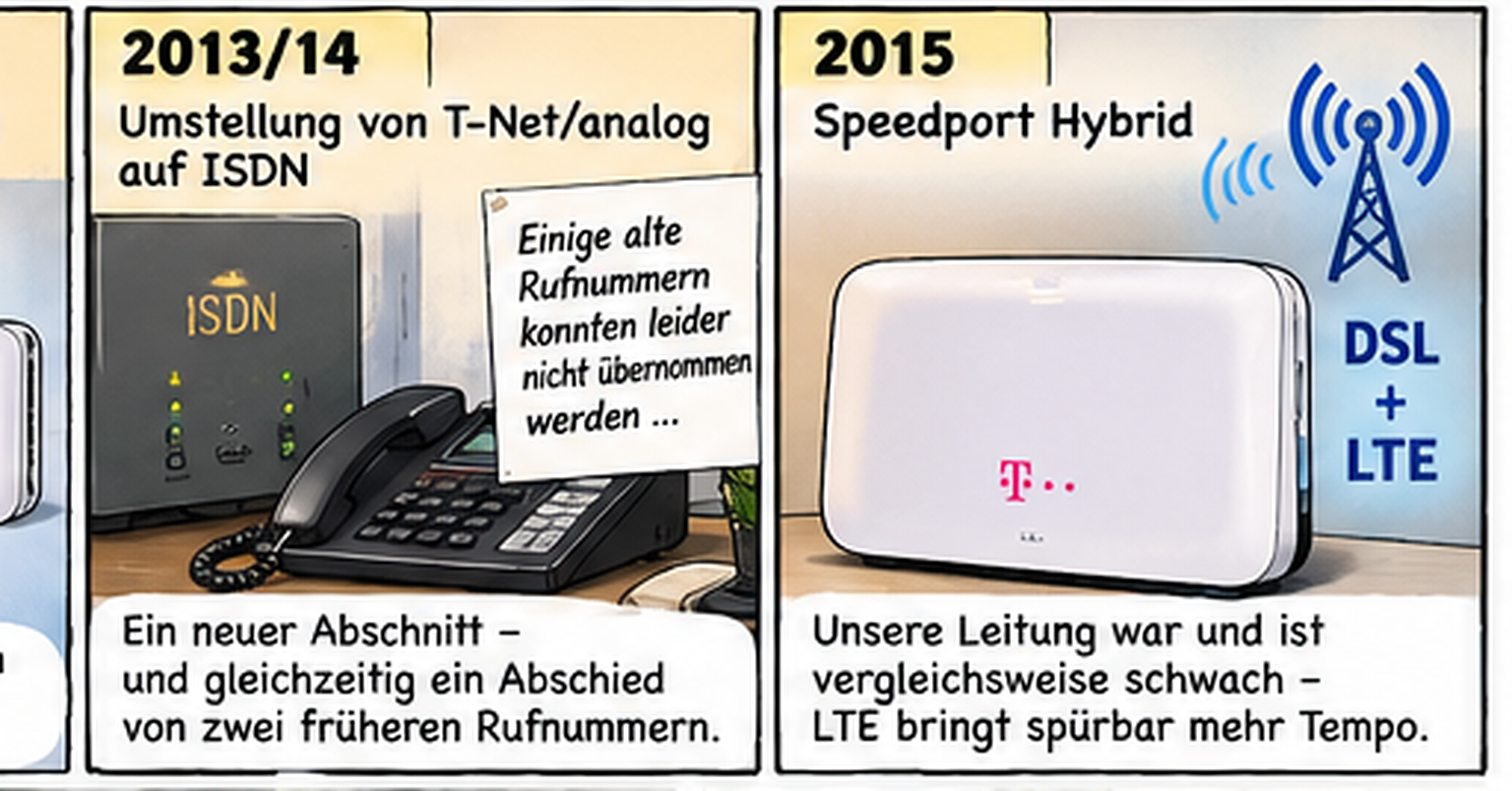 KI-generierte Comicillustration zum Übergang von ISDN zum Speedport-Hybrid mit DSL- und LTE-Nutzung