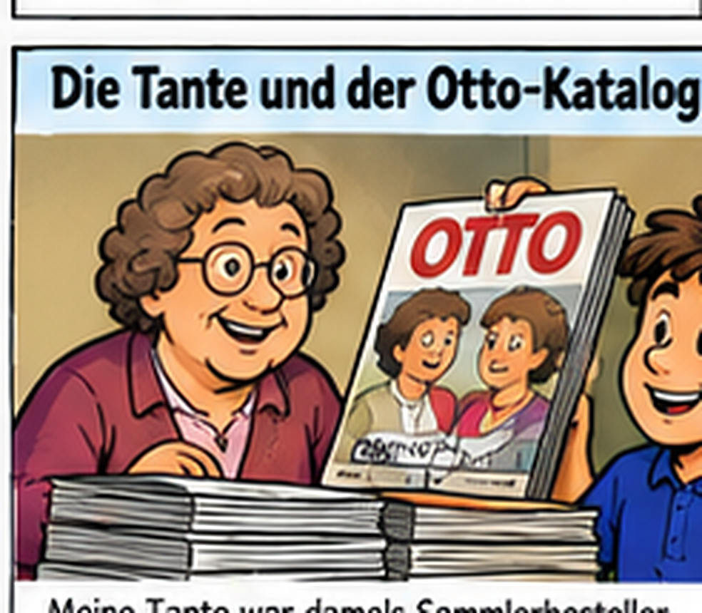 KI-generierte Comicillustration zu einer Tante als Otto-Sammelbestellerin; die dargestellten Personen sind fiktiv und keine Abbildungen realer Personen