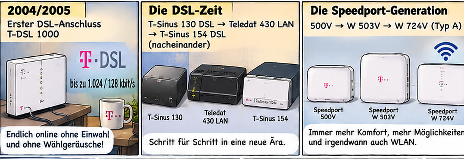 KI-generierte Comicillustration zur Entwicklung von T-DSL 1000 über T-Sinus und Teledat bis zu frühen Speedport-Routern