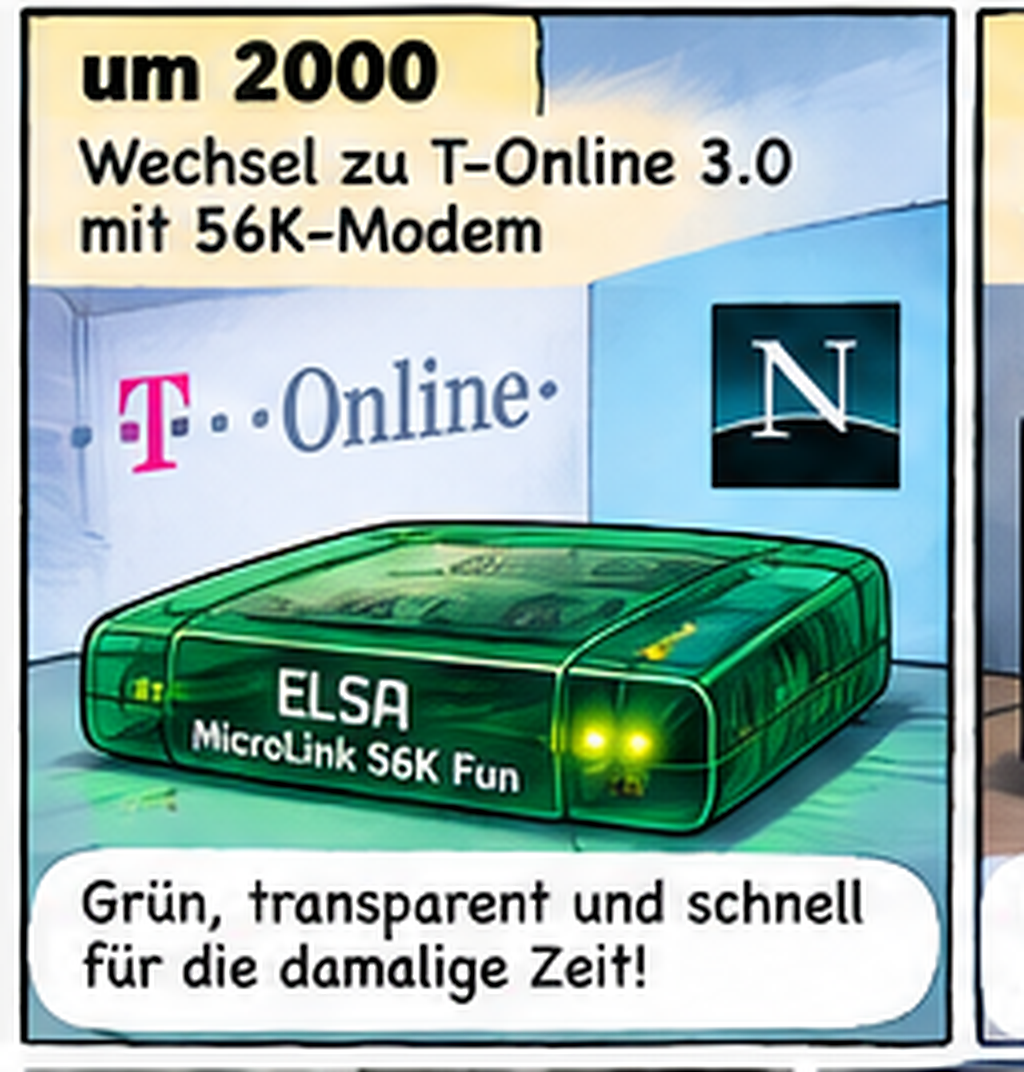 KI-generierte Comicillustration zu T-Online 3.0, Netscape und einem grün-transparenten ELSA MicroLink 56K Fun