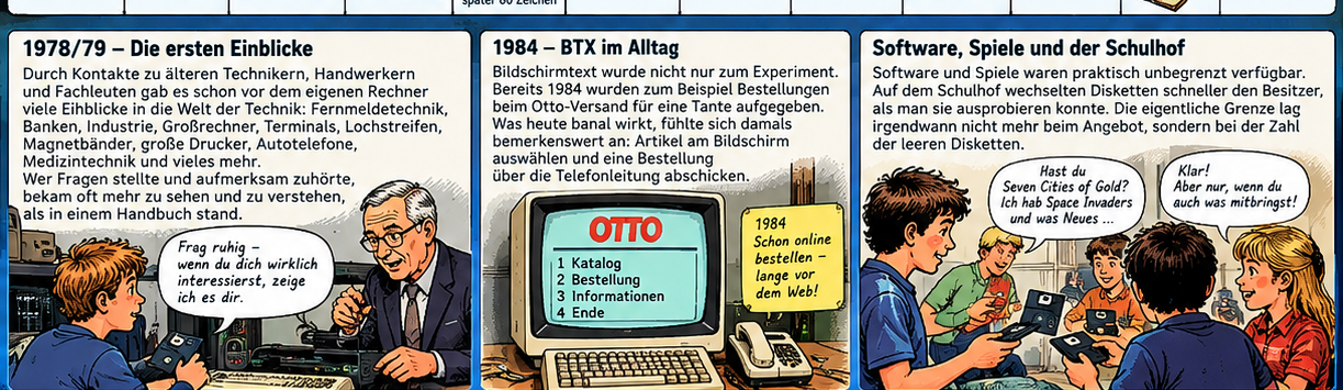 KI-generierte Comicillustration mit frühen technischen Einblicken, Bildschirmtext-Bestellung und Softwaretausch im Schulumfeld