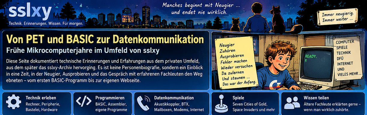 KI-generierte Comicillustration zu frühen Mikrocomputerjahren mit einem anonymen jungen Technikinteressierten, altem Rechner und Themenfeldern wie BASIC, Hardware und Datenkommunikation