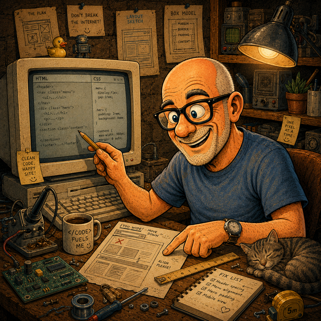 Comicillustration eines Tüftlers beim Arbeiten an HTML und CSS auf einem alten Computer