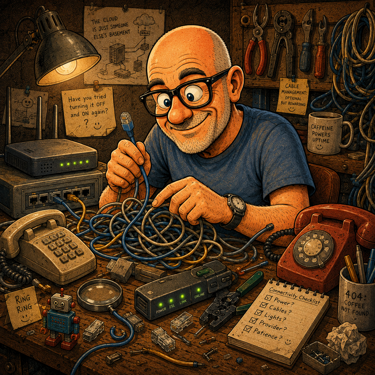 Comicillustration eines Tüftlers zwischen Netzwerkkabeln, Router, Telefonen und Werkzeugen