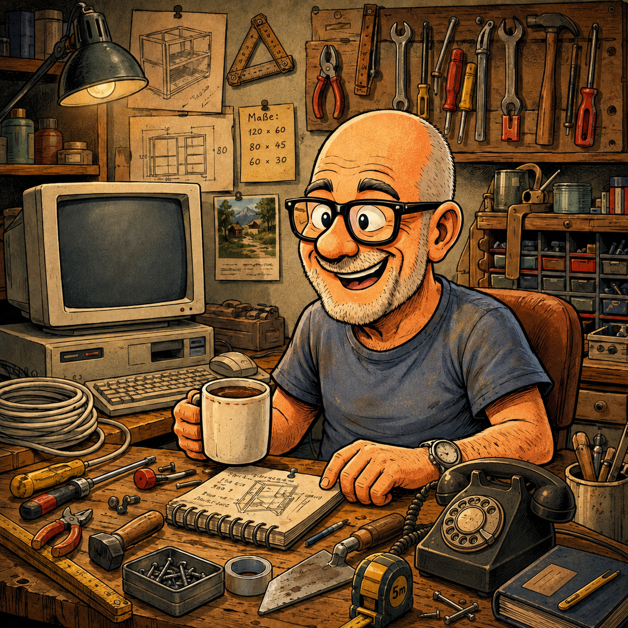 Comiczeichnung eines gut gelaunten Tüftlers an einer Werkbank mit Werkzeugen, altem Röhrenmonitor, Notizbuch, Kaffeetasse und Wählscheibentelefon
