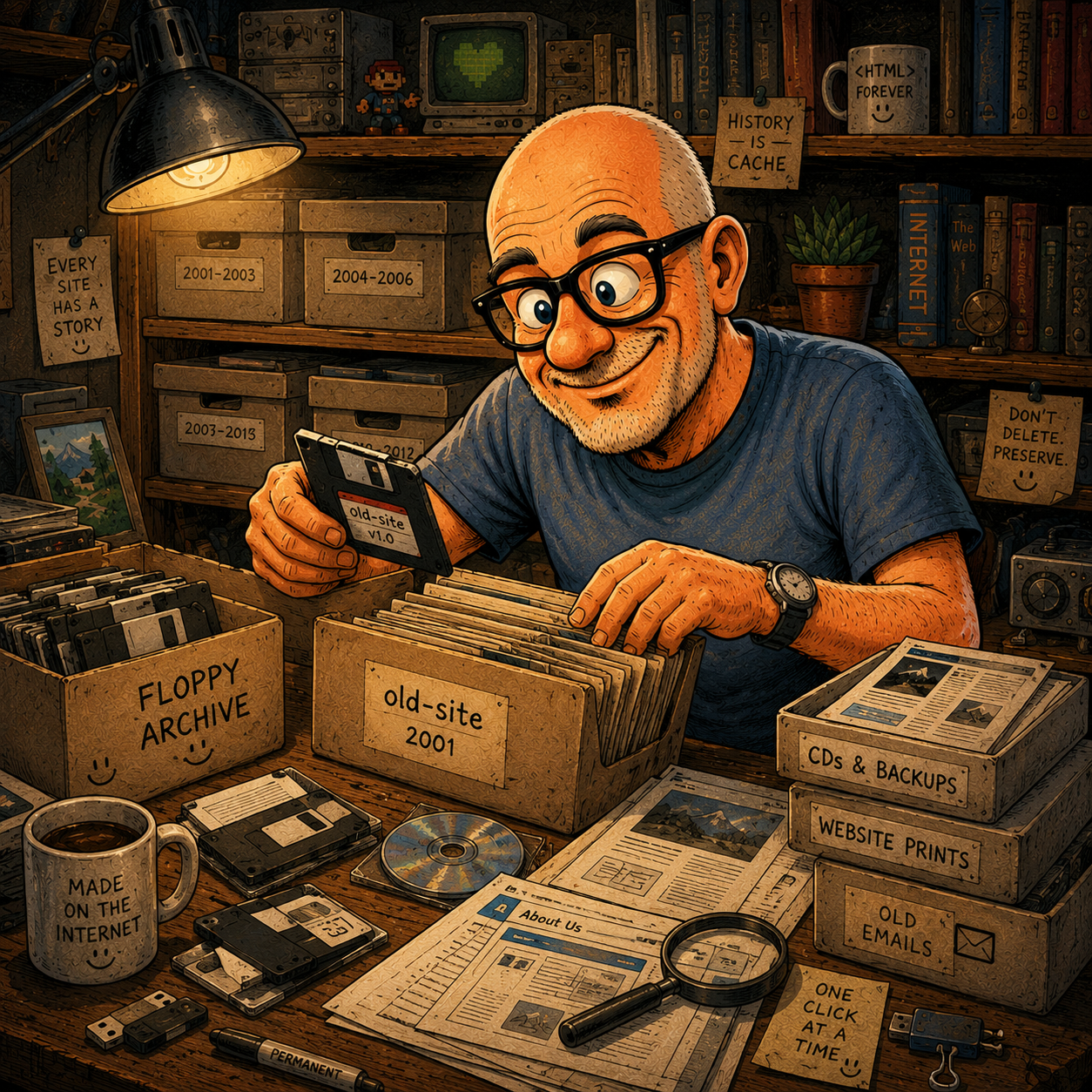 Comicillustration einer Werkstatt mit alten Webseiten, Disketten, CDs, Ausdrucken und Archivkartons