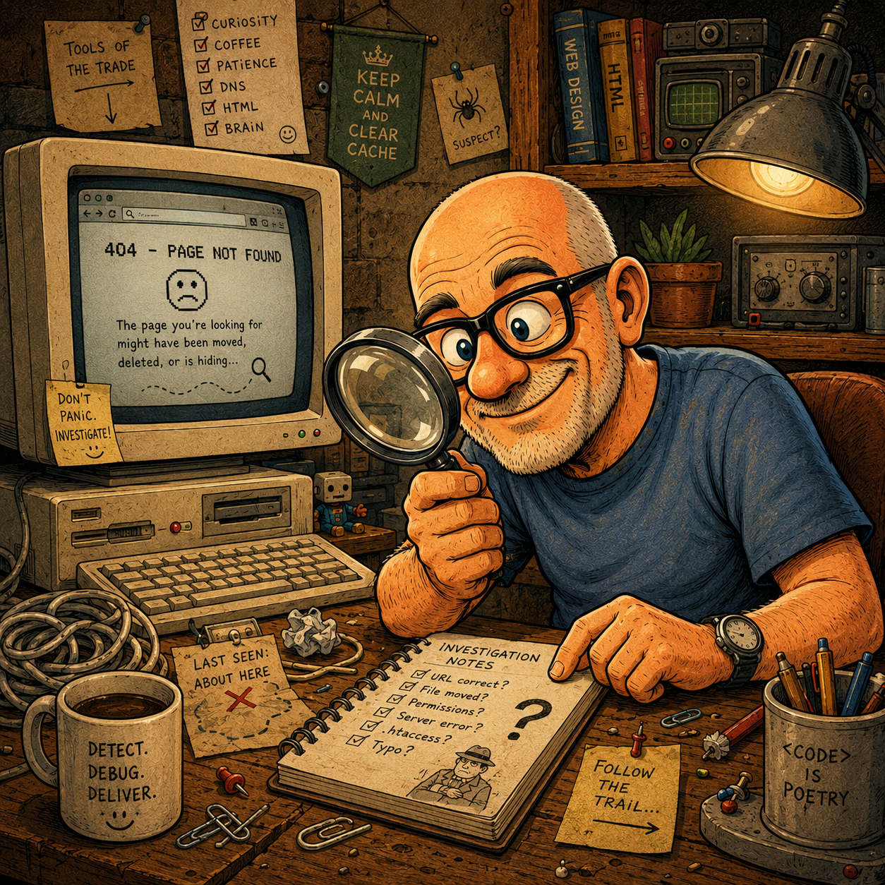 Comicillustration eines Tüftlers mit Lupe bei der Fehlersuche an einem alten Computer mit 404-Meldung
